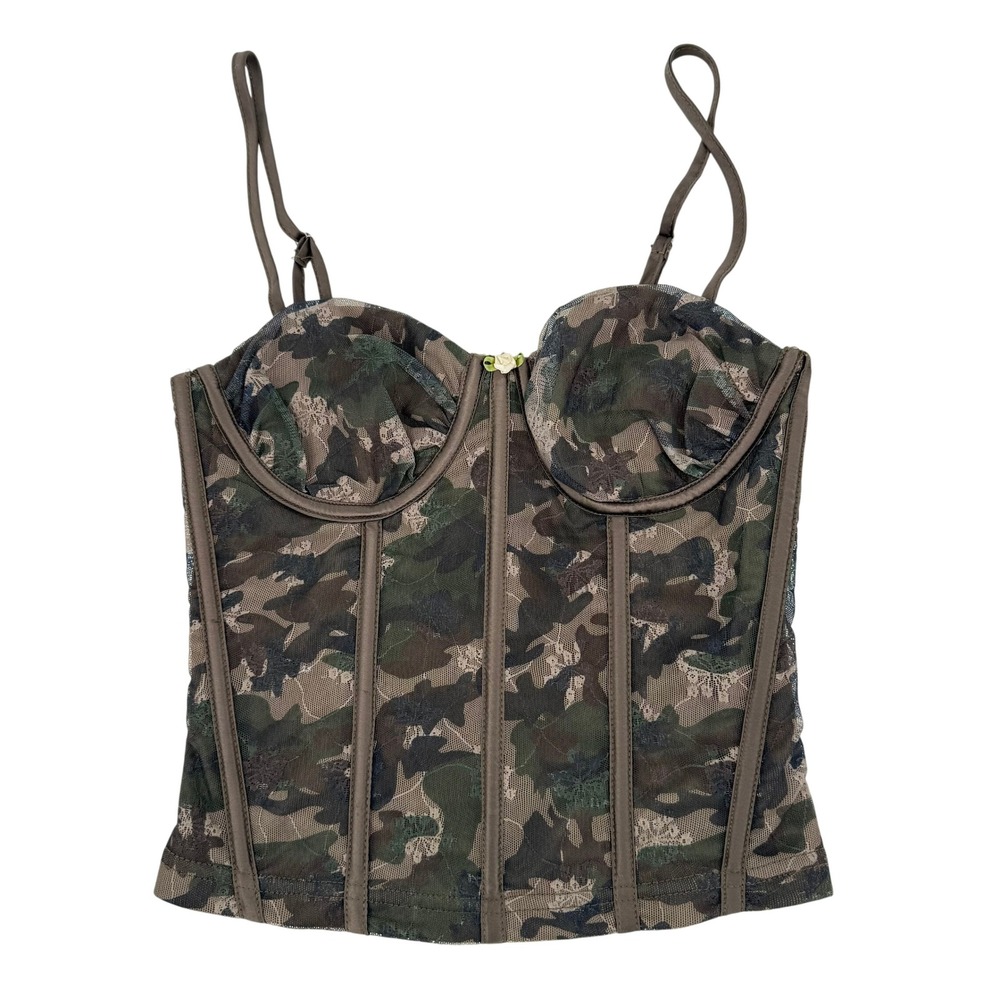 Pretty Garbage Camo Lace Corset Top Womens XS Green Excellent Boning Zip Back